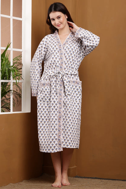 Handblock Bathrobe- Mughal Mini Buti