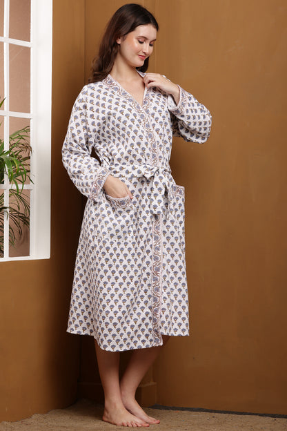 Handblock Bathrobe- Mughal Mini Buti