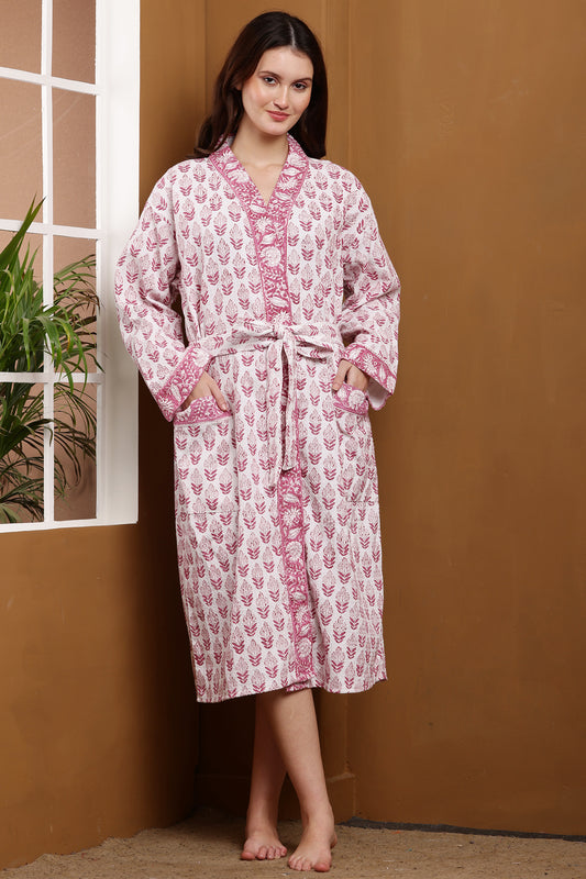 Handblock Bathrobe- Red Leaf