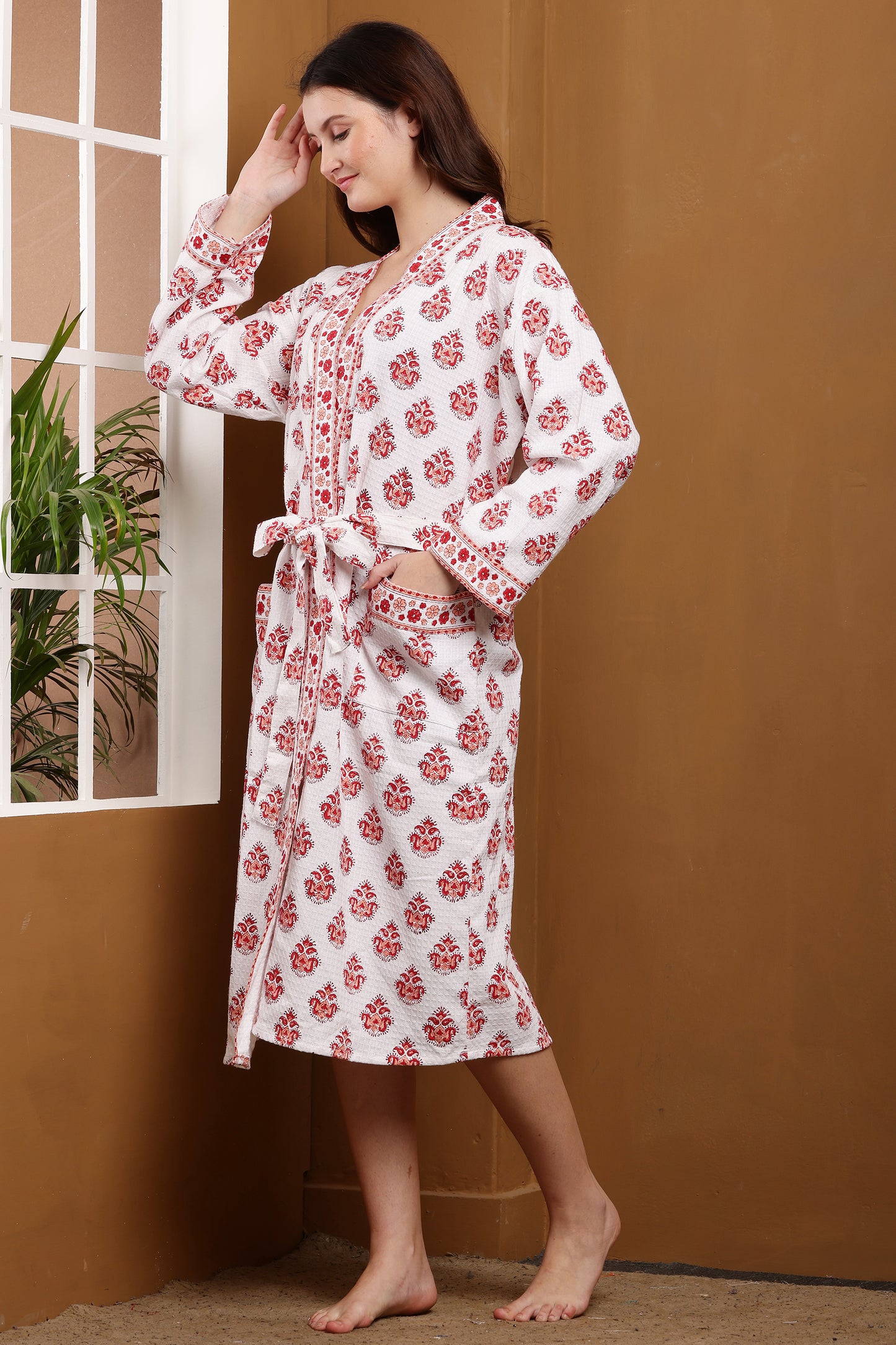 Handblock Bathrobe- Red Paisley