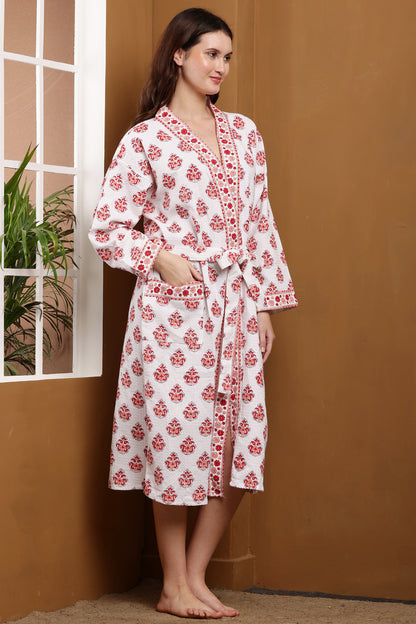 Handblock Bathrobe- Red Paisley