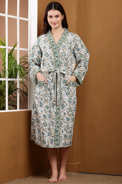 Handblock Bathrobe- Blue Serene