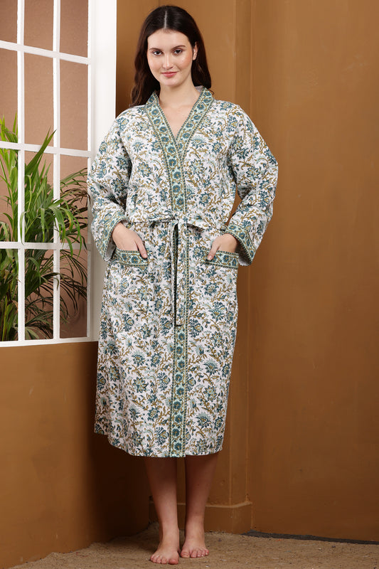 Handblock Bathrobe- Blue Serene