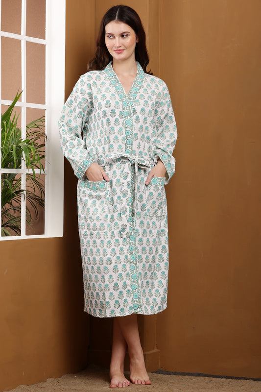 Handblock Bathrobe- Blue Tulips