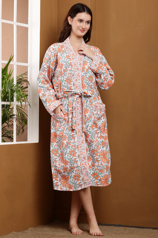 Handblock Bathrobe- Orange Bloom
