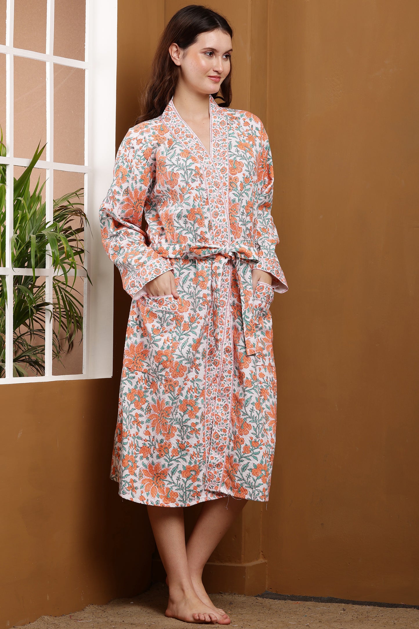 Handblock Bathrobe- Orange Bloom