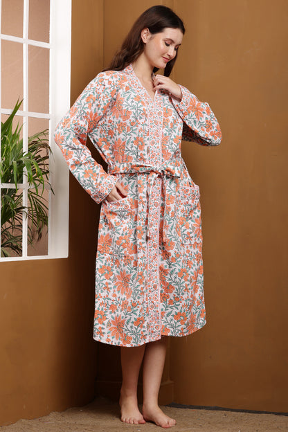 Handblock Bathrobe- Orange Bloom