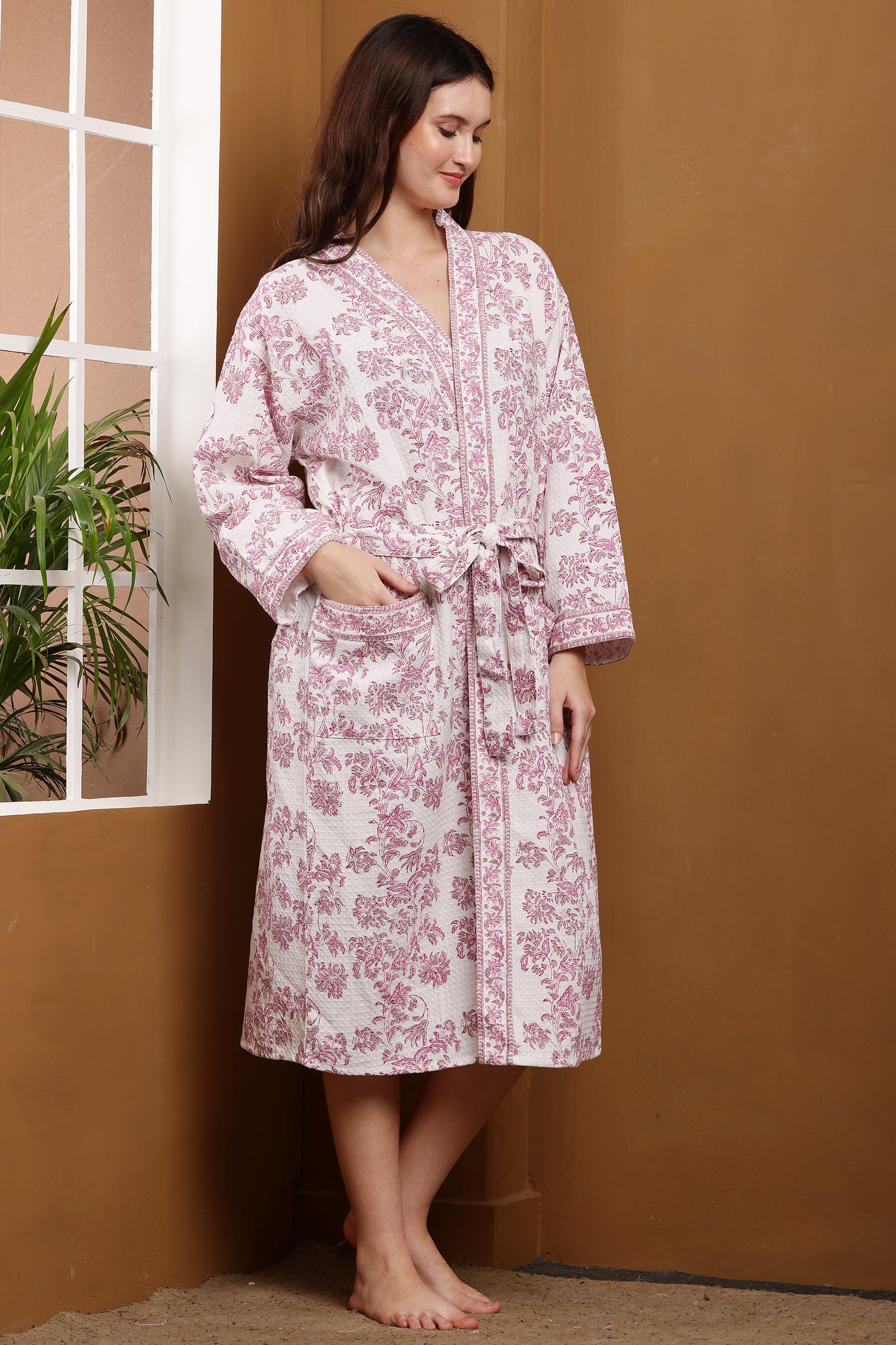 Handblock Bathrobe- Pink Bloom