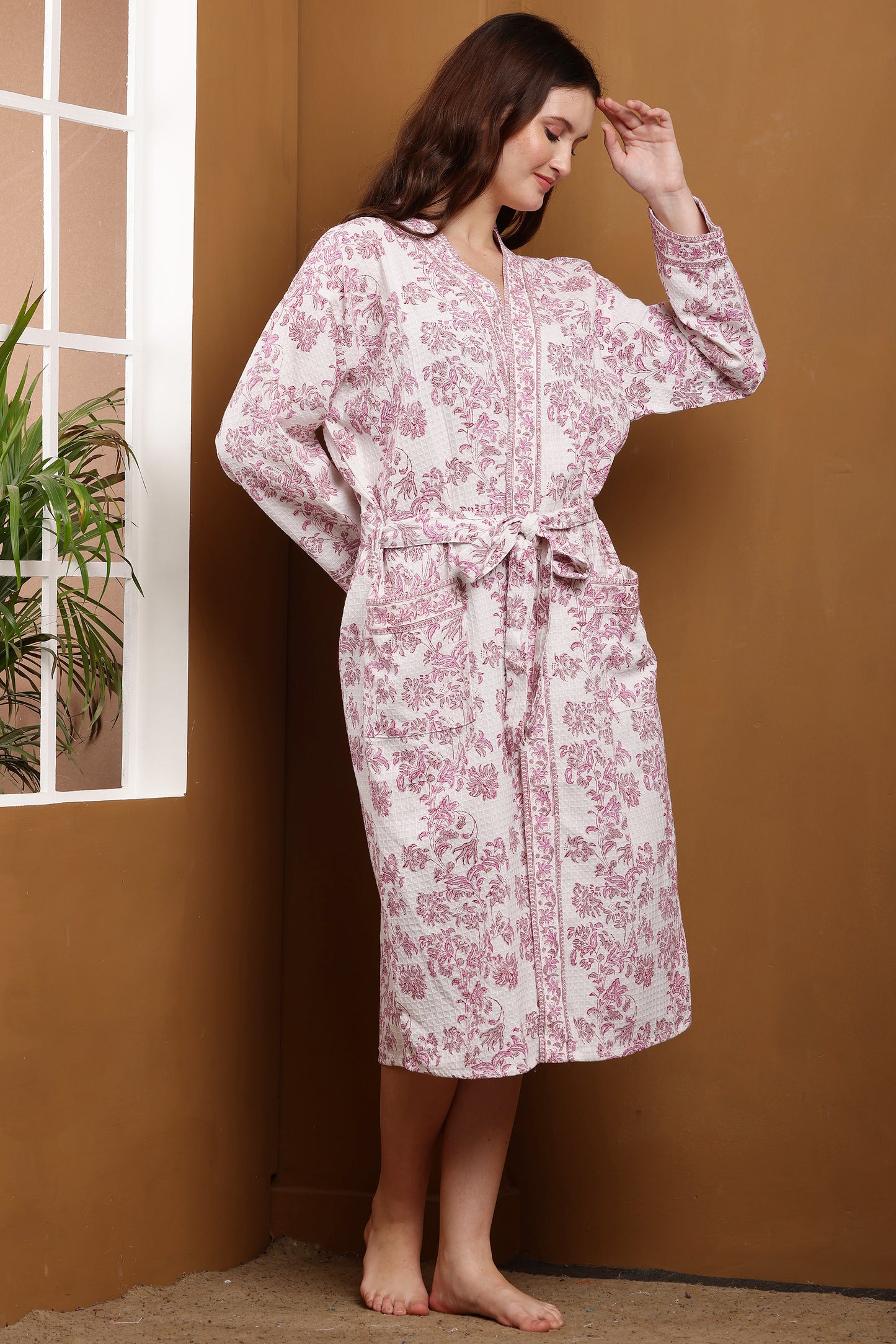 Handblock Bathrobe- Pink Bloom