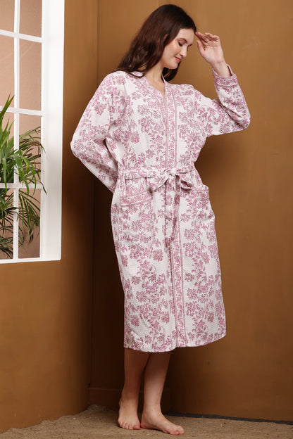 Handblock Bathrobe- Pink Bloom