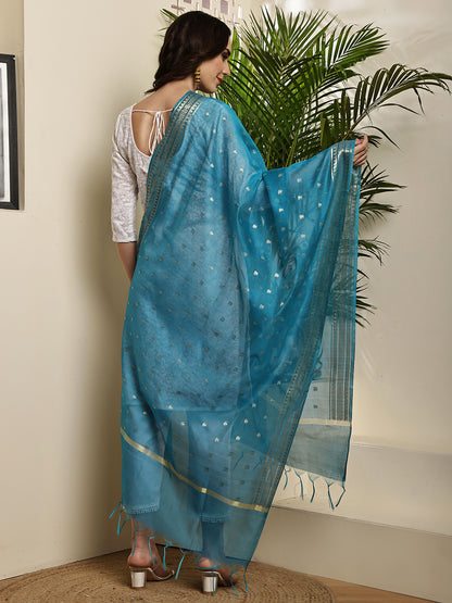Dupatta-Banarasi Chanderi Buti- Dark Turquoise Blue