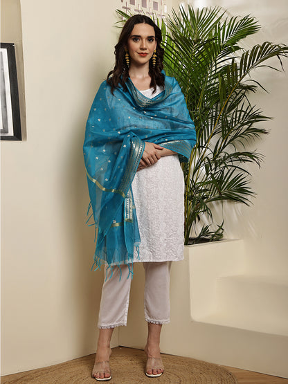 Dupatta-Banarasi Chanderi Buti- Dark Turquoise Blue