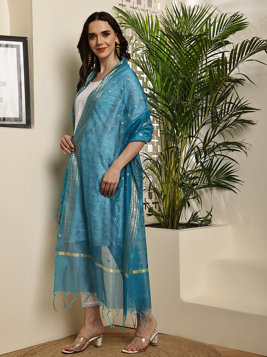 Dupatta-Banarasi Chanderi Buti- Dark Turquoise Blue