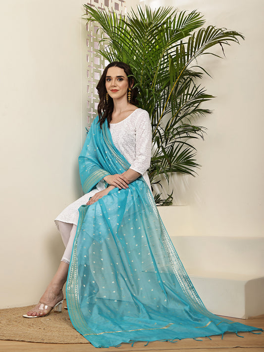 Dupatta-Banarasi Chanderi Buti- Light Turquoise Blue
