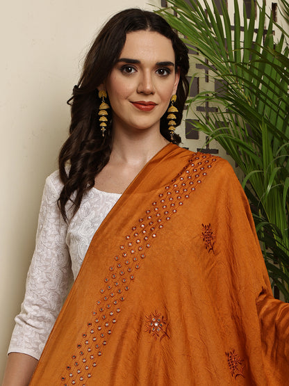 Dupatta- Cotton Silk Foil Mirror Work- Brown