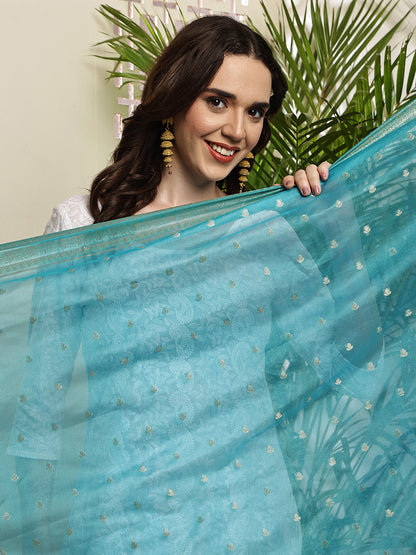 Dupatta-Banarasi Chanderi Buti- Teal Blue