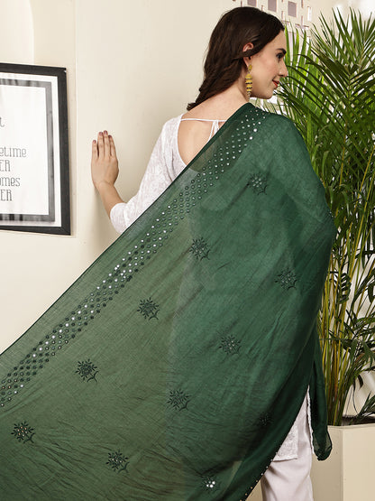 Dupatta- Cotton Silk Foil Mirror Work- Teal Green