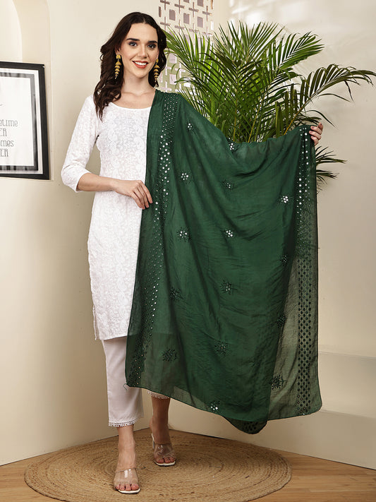 Dupatta- Cotton Silk Foil Mirror Work- Teal Green