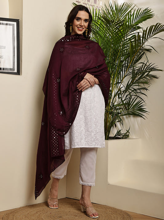 Dupatta- Cotton Silk Foil Mirror Work- Maroon
