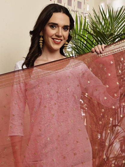 Dupatta-Banarasi Chanderi Buti- Pastel Maroon
