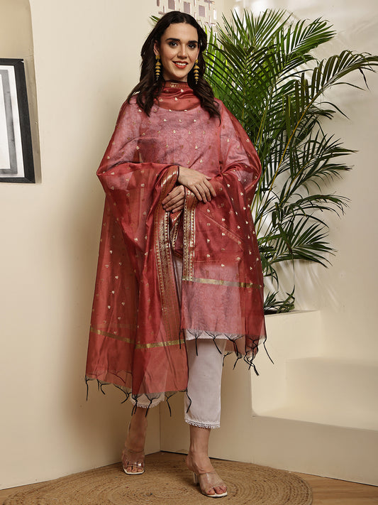 Dupatta-Banarasi Chanderi Buti- Pastel Maroon