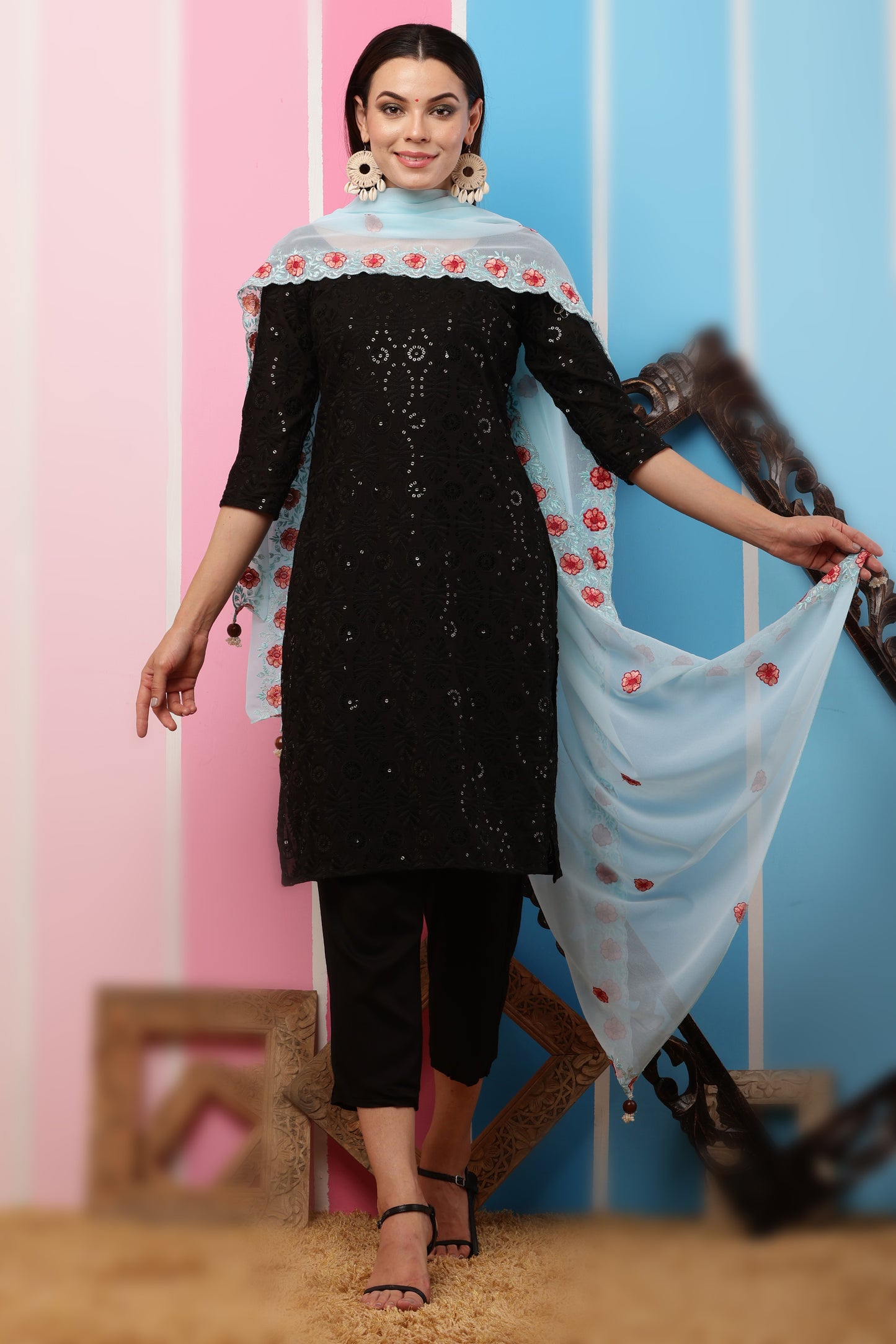Georgette Dupatta- Aqua Blue Multi