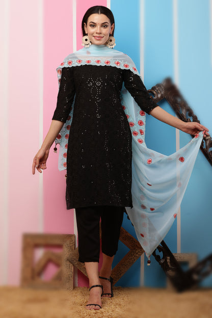 Georgette Dupatta- Aqua Blue Multi