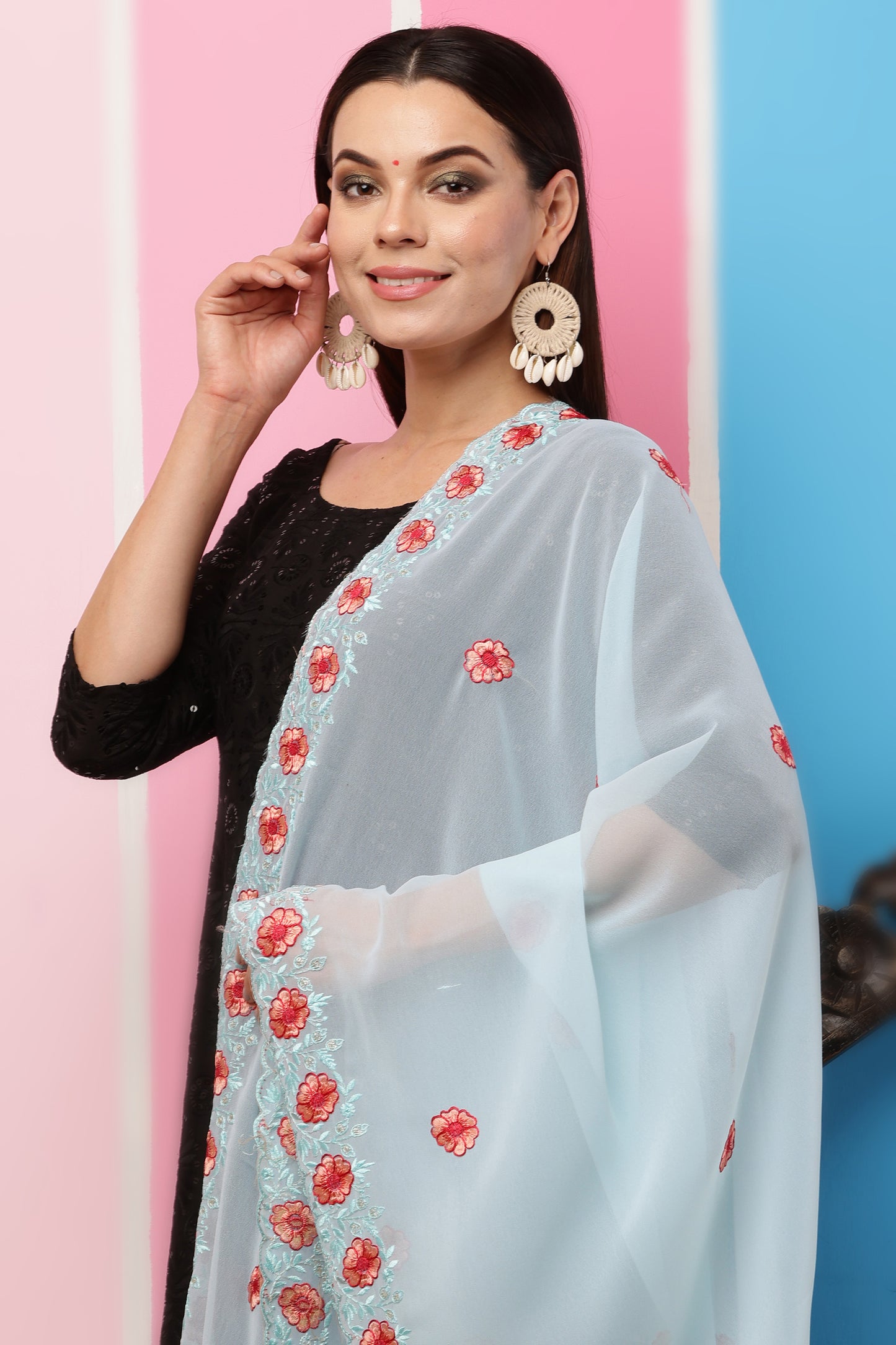 Georgette Dupatta- Aqua Blue Multi