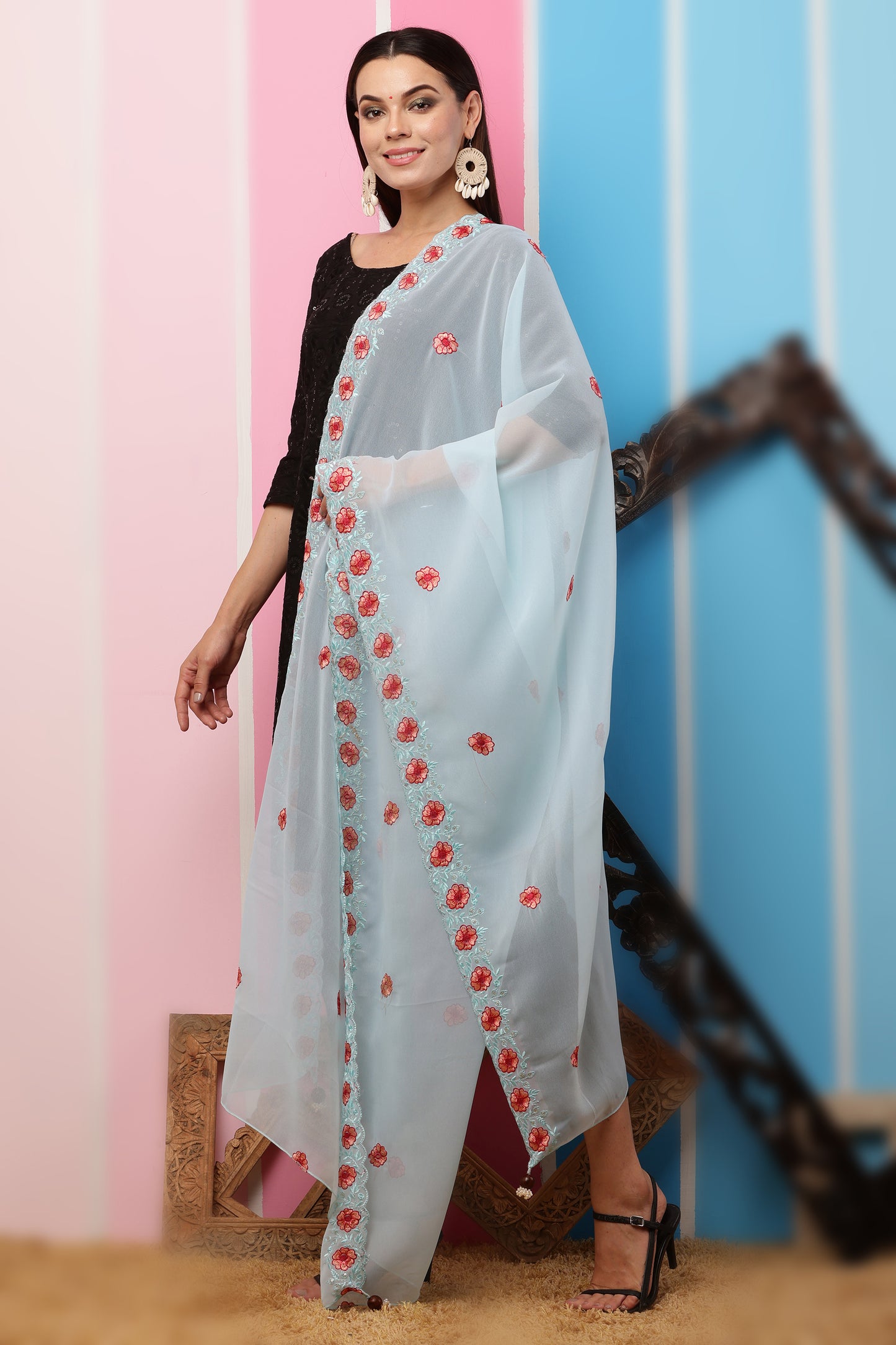 Georgette Dupatta- Aqua Blue Multi