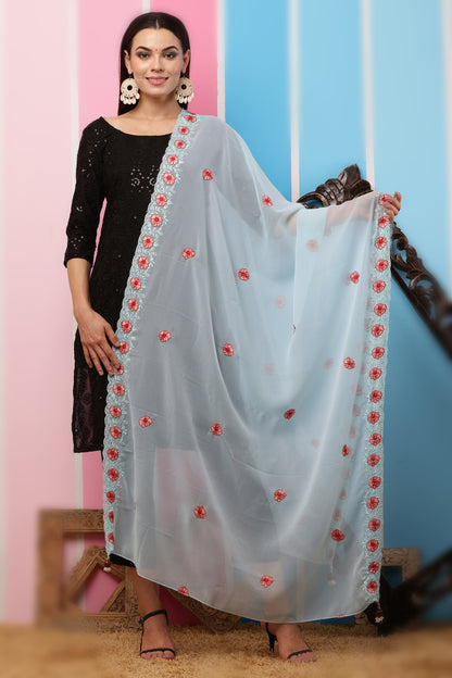 Georgette Dupatta- Aqua Blue Multi