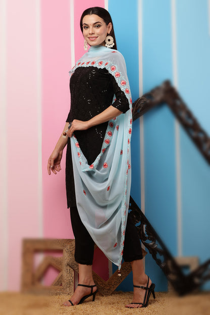Georgette Dupatta- Aqua Blue Multi