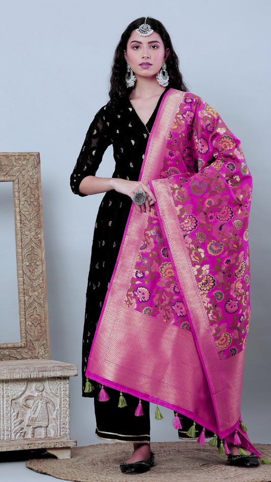 Dupatta-Banarasi Multi Mina Jaal- Hot Pink