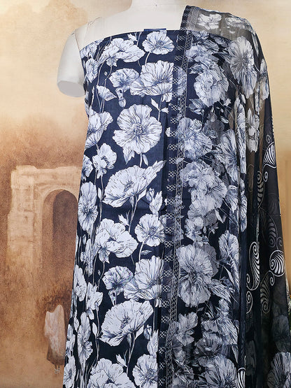 Cambric Cotton Floral Unstitched Suit- Black