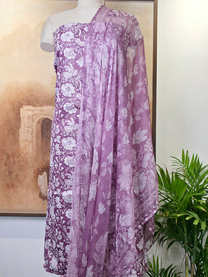 Cambric Cotton Floral Unstitched Suit- Dusty Wine