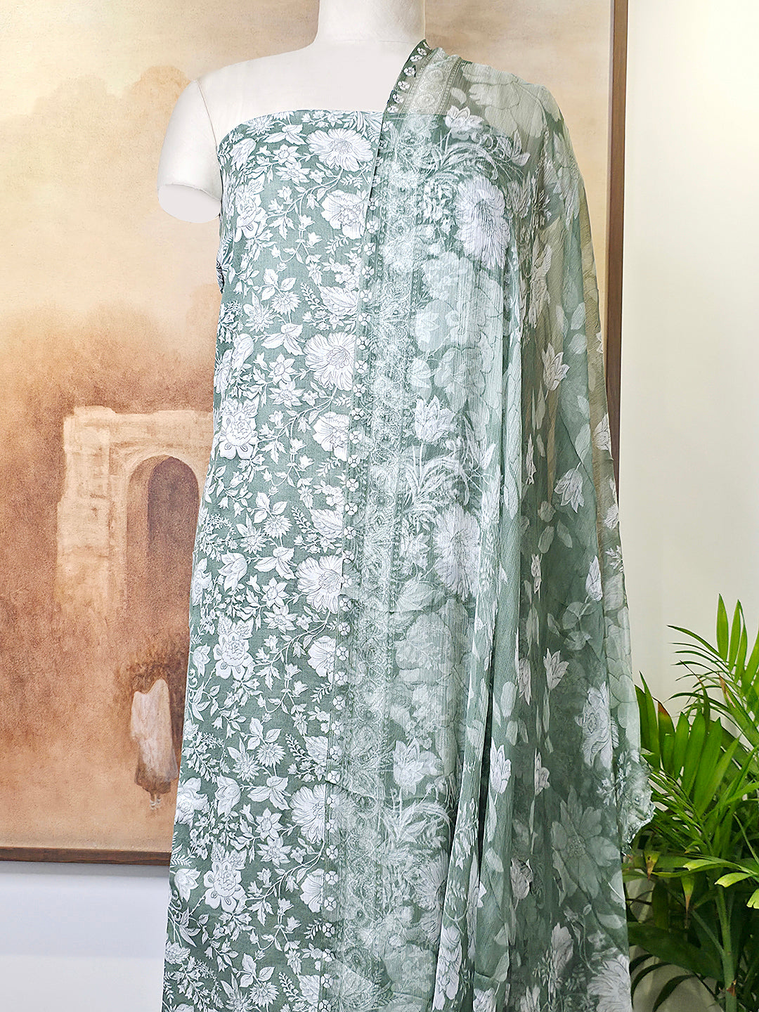 Cambric Cotton Floral Unstitched Suit- Dusty Green