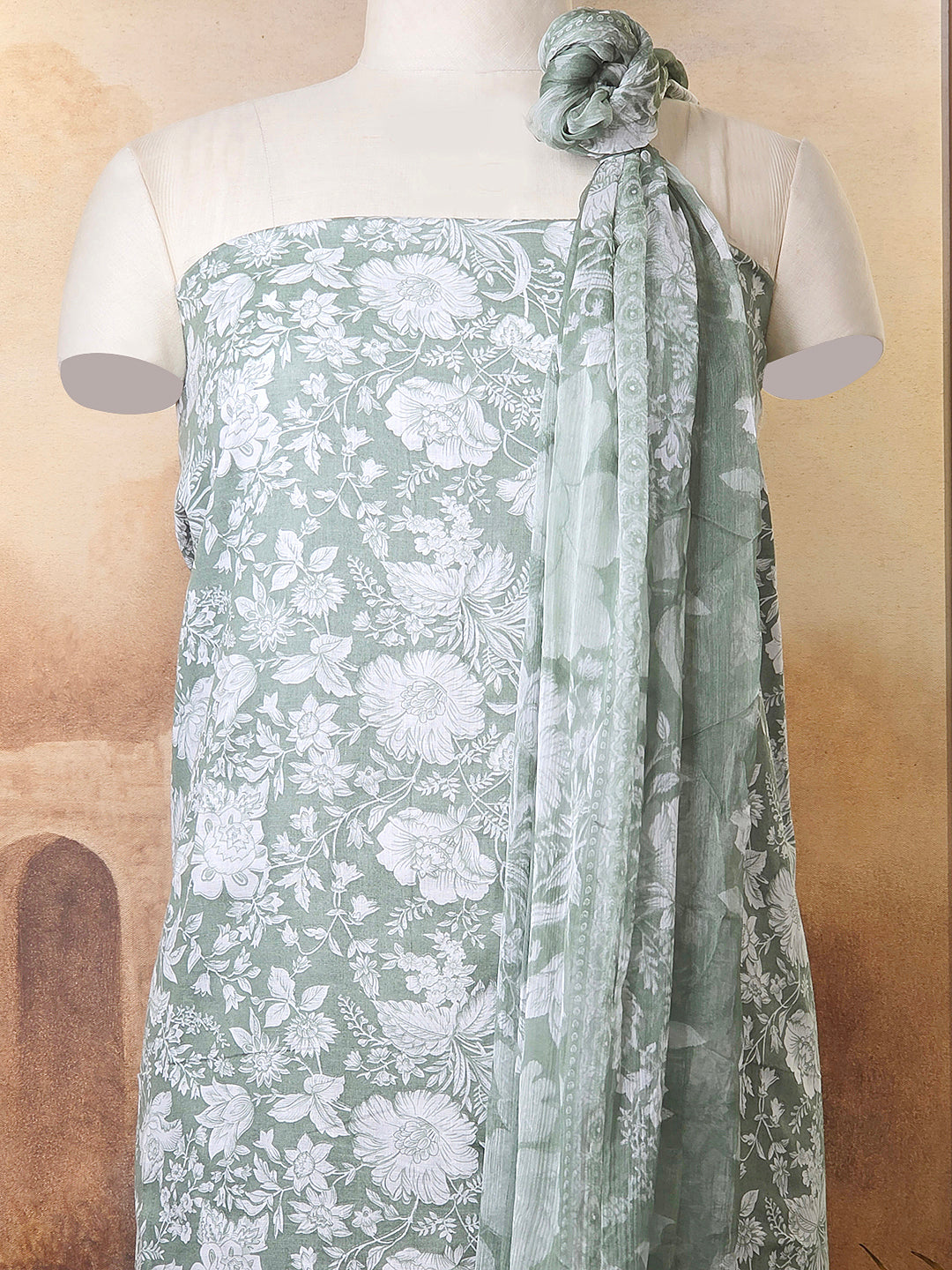 Cambric Cotton Floral Unstitched Suit- Dusty Green