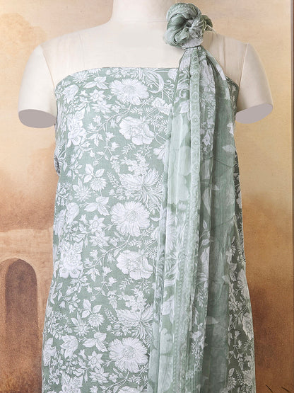 Cambric Cotton Floral Unstitched Suit- Dusty Green