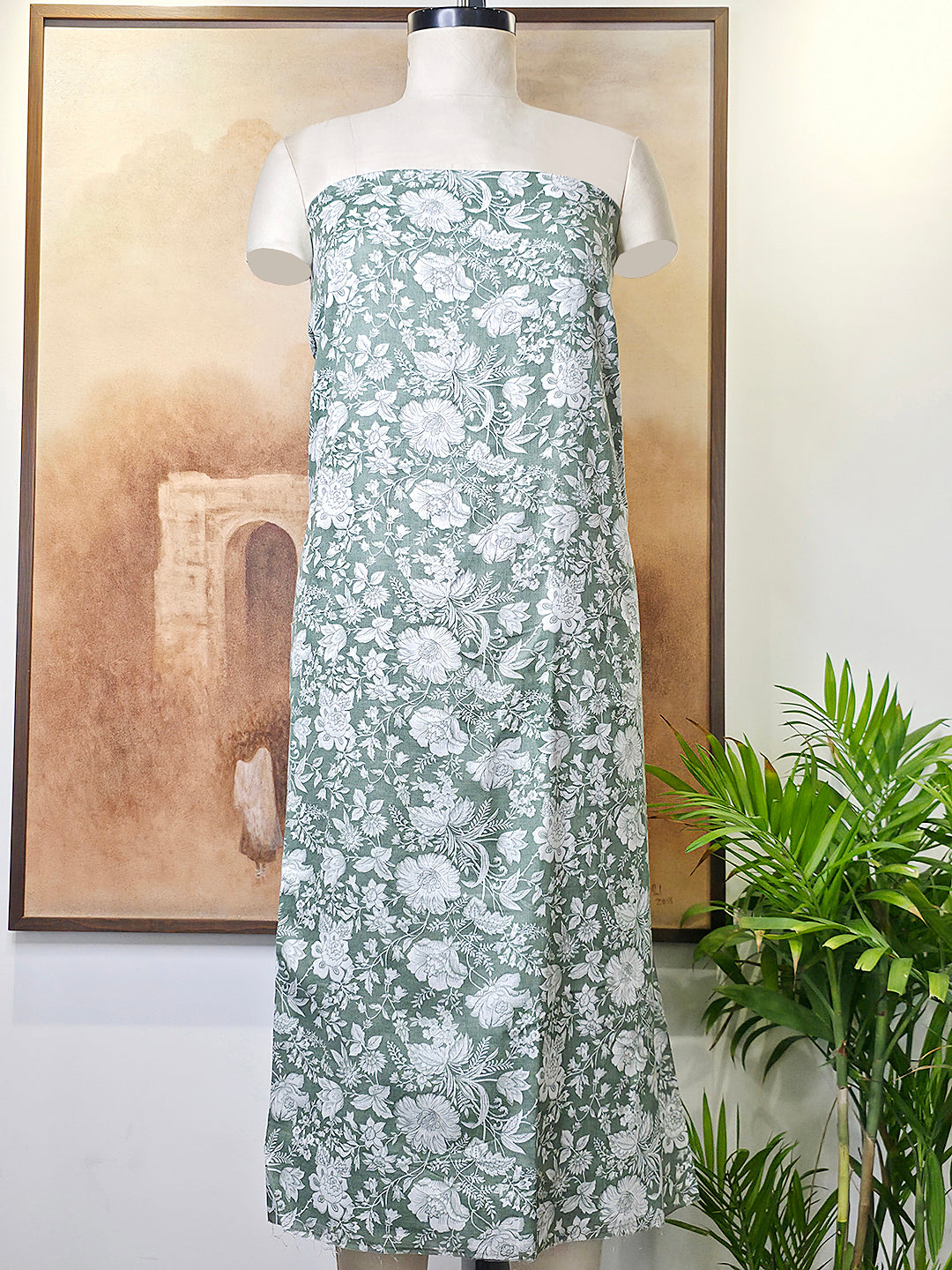 Cambric Cotton Floral Unstitched Suit- Dusty Green