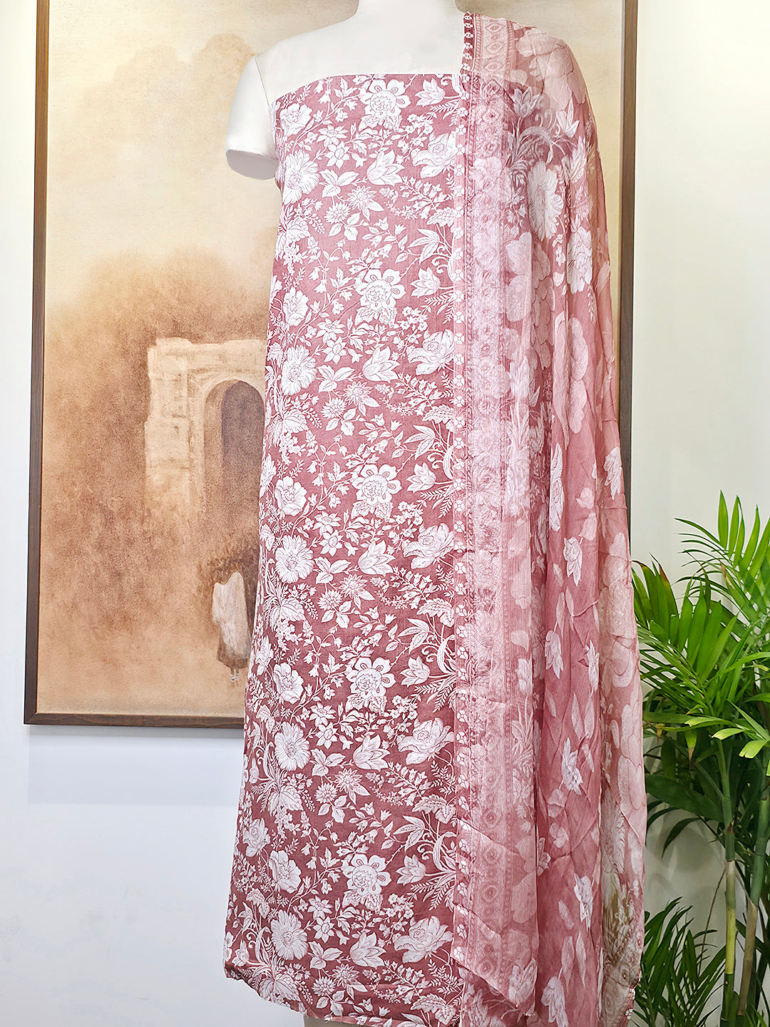 Cambric Cotton Floral Unstitched Suit- Reddish Pink