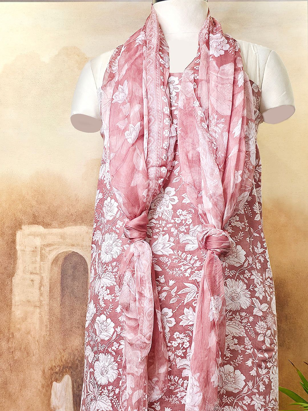 Cambric Cotton Floral Unstitched Suit- Reddish Pink
