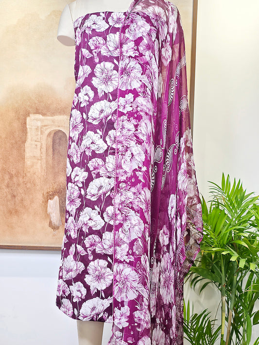 Cambric Cotton Floral Unstitched Suit- Wine Red