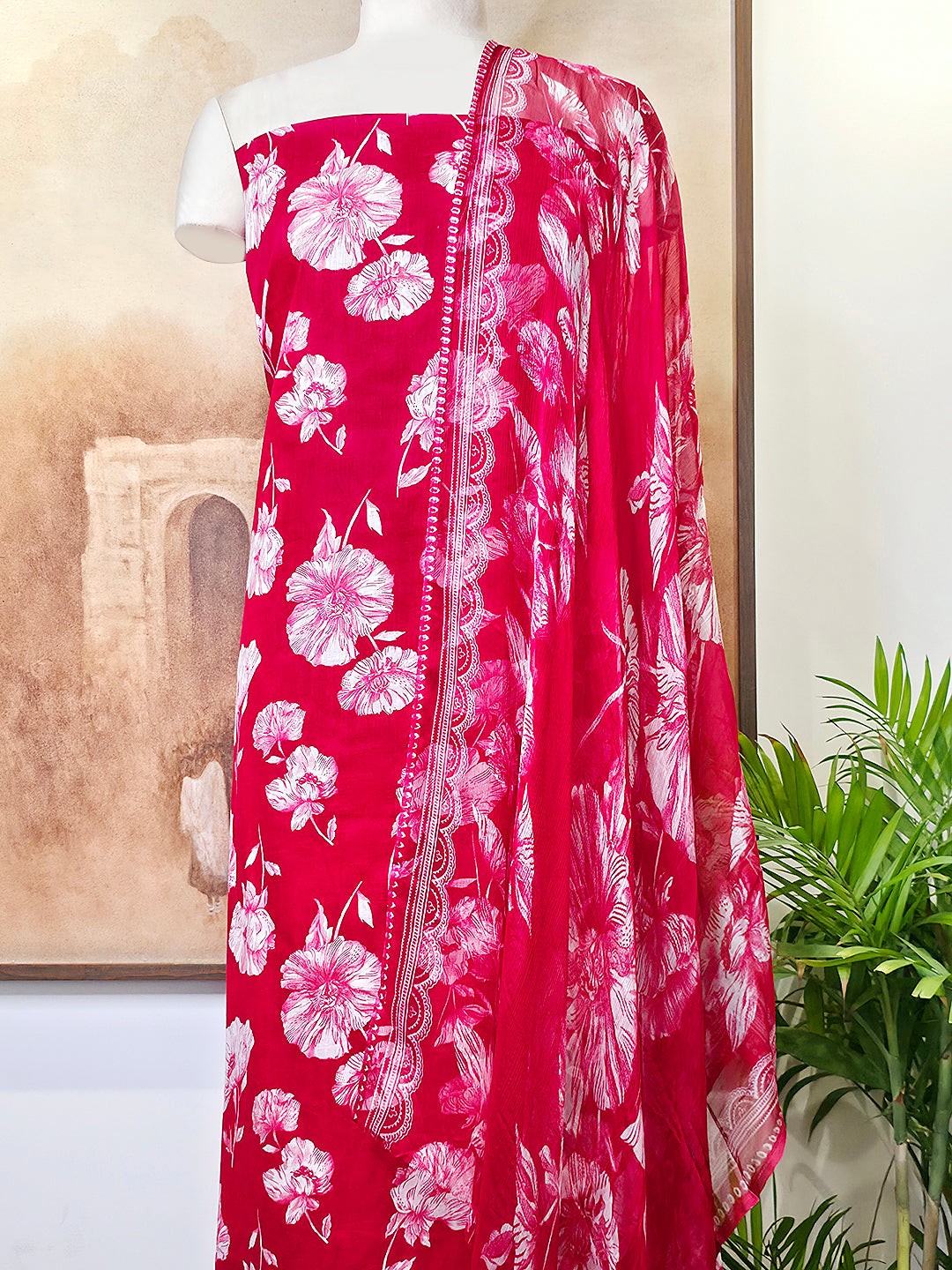 Cambric Cotton Floral Unstitched Suit- Red