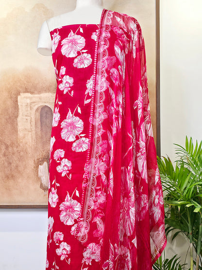 Cambric Cotton Floral Unstitched Suit- Red