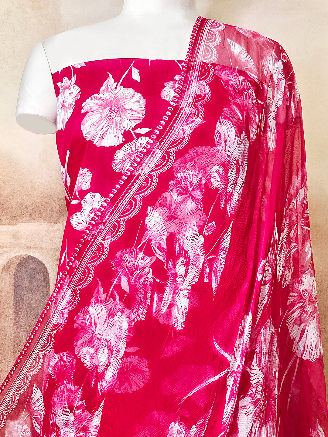 Cambric Cotton Floral Unstitched Suit- Red