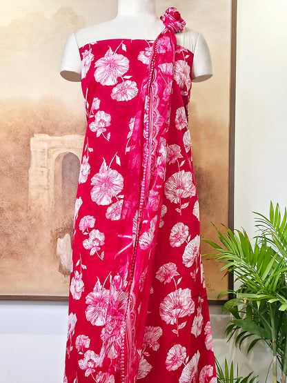 Cambric Cotton Floral Unstitched Suit- Red