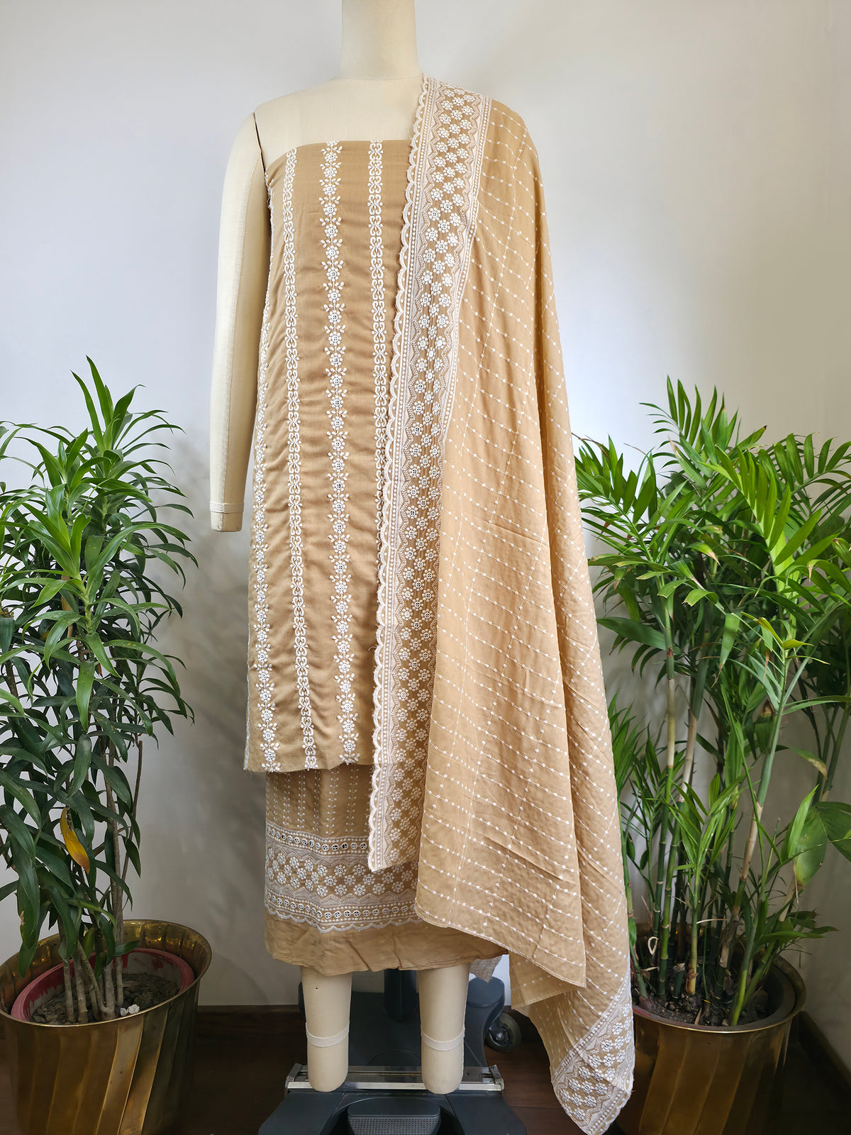Cotton Embroidered Unstitched Suit- Meher Dusty Beige Bel