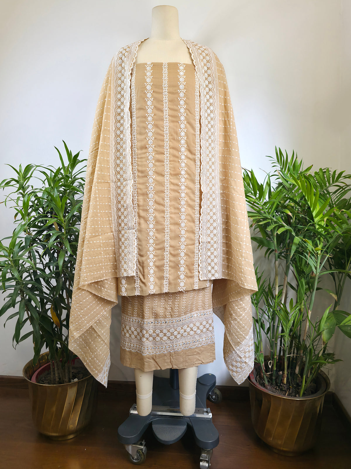 Cotton Embroidered Unstitched Suit- Meher Dusty Beige Bel