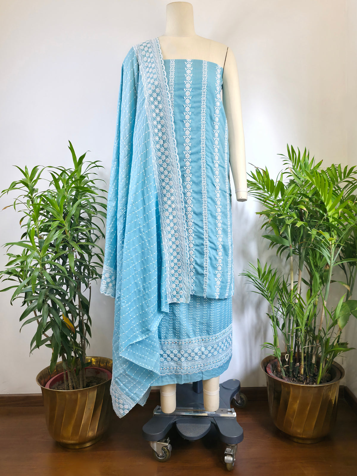 Cotton Embroidered Unstitched Suit- Meher Dusty Blue Bel