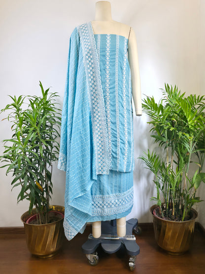 Cotton Embroidered Unstitched Suit- Meher Dusty Blue Bel