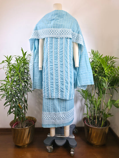 Cotton Embroidered Unstitched Suit- Meher Dusty Blue Bel